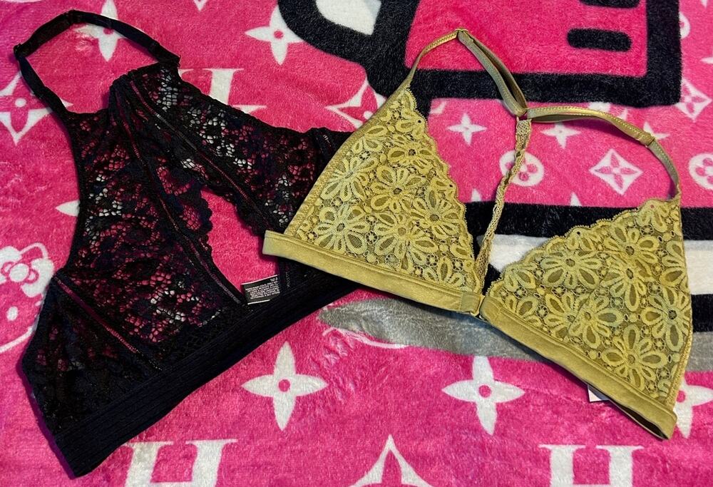 Victoria's Secret Olive Green Blk Bralette S/M Wireless Bra Lace Floral Lingerie